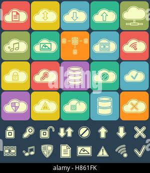 Ossature Cloud Storage, analyse de données, base de données, paramètres de la technologie réseau télévision set icônes isolé sur les boutons multicolores. Illustration de Vecteur