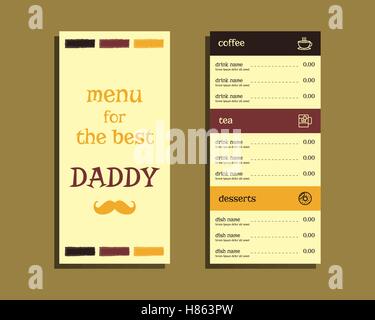 Restaurant et café menu. Le thème de la Fête des pères. Modèle plat. Avec moustache et barre d'éléments. Le mieux pour partie thématique. Isolé sur fond lumineux. Vector illustration Illustration de Vecteur