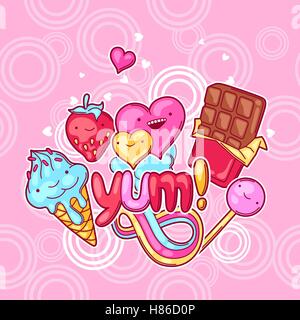 Fond Kawaii avec des bonbons et des sucreries. Crazy sweet-trucs dans le style cartoon Illustration de Vecteur