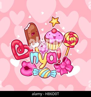 Fond Kawaii avec des bonbons et des sucreries. Crazy sweet-trucs dans le style cartoon Illustration de Vecteur