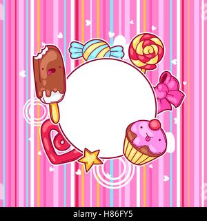 Kawaii cadre avec les sucreries et bonbons. Crazy sweet-trucs dans le style cartoon Illustration de Vecteur