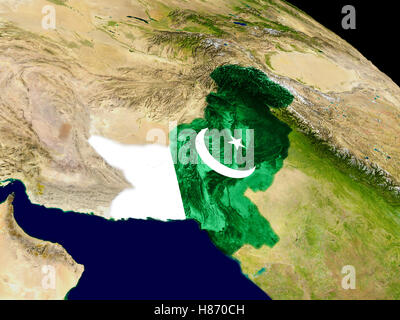 La carte du Pakistan avec des drapeaux sur la surface de la planète. 3D illustration. Éléments de cette image fournie par la NASA. Banque D'Images