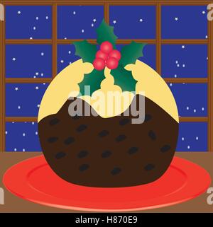 Un pudding de Noël décoré d'Hollyleaves et de baies et couverts de crème aromatisée de rhum sur une plaque rouge avec un flocon et star background Illustration de Vecteur