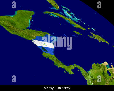 Carte du Nicaragua avec des drapeaux sur la surface de la planète. 3D illustration. Éléments de cette image fournie par la NASA. Banque D'Images
