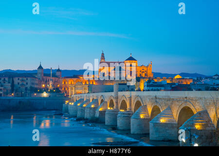 Pont romain sur la rivière Guadalquivir, vision de nuit. Cordoue, Espagne. Banque D'Images