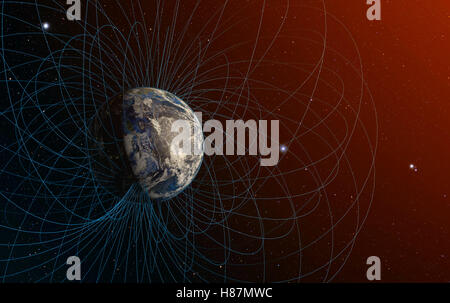 Le rendu 3D de la planète Terre du champ magnétique terrestre. Banque D'Images