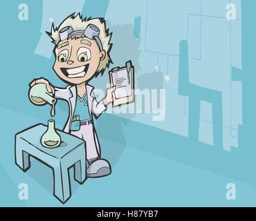 Vector illustration d'un jeune chercheur fou et heureux avec une blouse de laboratoire travaillant sur le mélange des produits chimiques dans un laboratoire Illustration de Vecteur