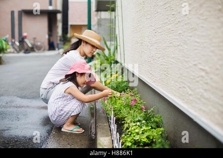 Maison de famille. Une femme et sa fille tending plants dans une étroite bande de terre. Banque D'Images