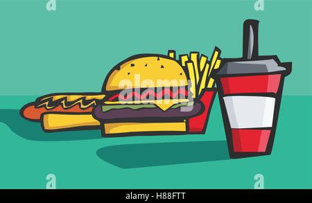 Colorful hand drawn cartoon style de soude, hamburgers et hot-dog de fast-food. Illustration de Vecteur