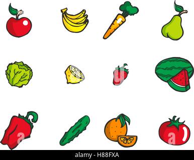 Jeu de colorful hand drawn cartoon style icône fruits et légumes Illustration de Vecteur
