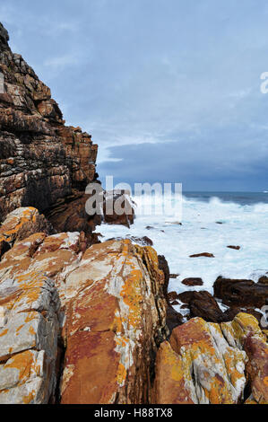 L'Afrique du Sud, au volant du sud : océan houleux et météo à la falaise du Cap de Bonne Espérance, promontoire rocheux sur la côte Atlantique de la péninsule du Cap Banque D'Images