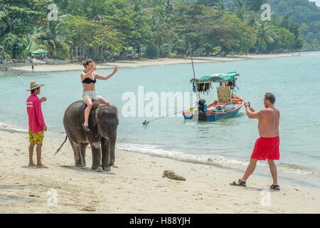 Bébé éléphant domestiqué utilisé comme une attraction touristique sur une plage à Koh Chang Banque D'Images