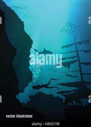 Beaux coraux et silhouettes de plongeur et banc de poissons dans une mer bleu Illustration de Vecteur