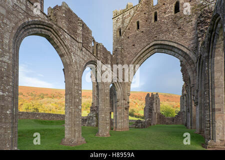 La fin de l'après-midi la lumière sur Llanthony Priory tower et la nef, dans la vallée de Ewyas, parc national de Brecon Beacons, dans le sud du Pays de Galles, Royaume-Uni Banque D'Images