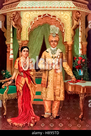 Le mariage de Maharaja Krishnaraja Wadiyar IV et Maharani Lakshmivilasa Sannidhana Sri Pratapa Kumari Ammani Avaru de Kathiawar le 6 juin 1900, peinture de Raja Ravi Varma, Koil (1848-1906). Banque D'Images