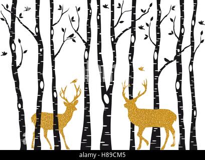 Carte de Noël avec renne d'or dans les bouleaux forest sur fond blanc, vector illustration Illustration de Vecteur