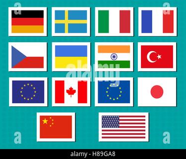 Ensemble de l'Union européenne, les Etats-Unis, l'Ukraine, la Chine, le Japon, l'Inde canadam drapeaux autocollants et étiquettes avec l'ombre. Les proportions d'origine et des couleurs. Vector illustration Illustration de Vecteur