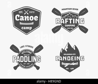 Vintage jeu de rafting, kayak, canotage, canoë logo camp, étiquettes et badges. Élégant design monochrome. Thème activités de plein air. Vector illustration Illustration de Vecteur