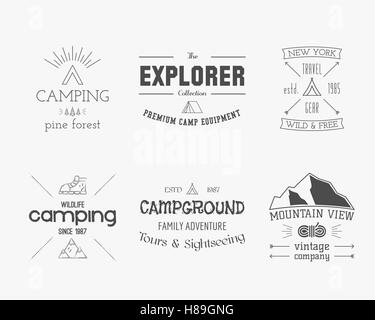 Ensemble de vintage explorer, montagne, famille forest camp logo, étiquettes et badges. Élégant design monochrome. Thème activités de plein air. Meilleurs sites, magazines pour l'aventure. Vector illustration Illustration de Vecteur