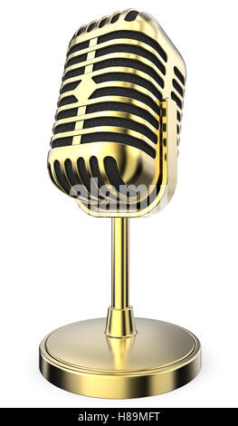 3D render of retro Golden Microphone sur le support. Marque non. Banque D'Images