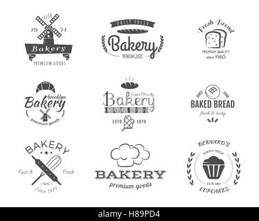 Ensemble d'étiquettes de boulangerie, icônes, des badges et des éléments de conception, de symboles. Du pain frais, des gâteaux de modèles de logo. Style vintage monochrome. Emblème Cupcake. Peut être utiliser pour un café, une boutique. Vector illustration Illustration de Vecteur