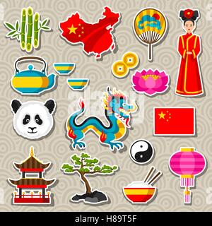 Chine icons set. Symboles et objets autocollant chinois Illustration de Vecteur