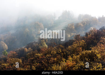 Cannon Mountain avec détail automne brouillard roulant, Franconia State Park, New Hampshire, USA. Banque D'Images
