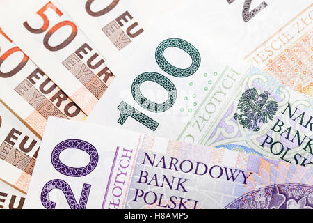 Polish zloty et gros plan euro Banque D'Images