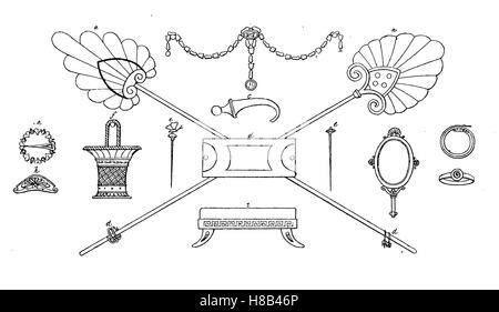 La Grèce Antique, les bijoux et ornements, miroirs de ventilateur, bagues, bijoux, boîtes, conformément à vase peintures, histoire de la mode, des costumes story Banque D'Images