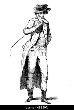 Costume d'équitation à l'année 1786, avec redingote, France, histoire de la mode, des costumes story Banque D'Images