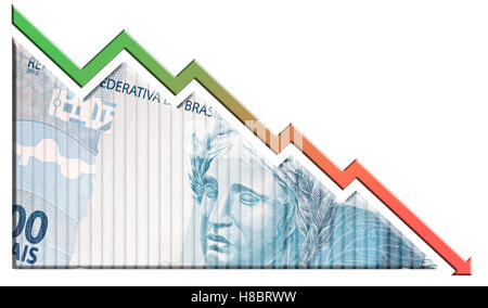 Un projet de loi de finances à la baisse comme un graphique avec une flèche pointée vers le symbole des relations économiques. Banque D'Images