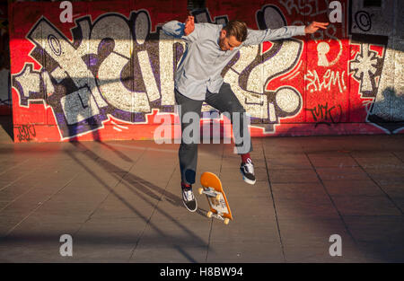 La planche au skate board parc sous le théâtre national, sur la rive sud de Londres Banque D'Images