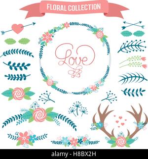 Collection de fleurs. Ensemble de fleurs rétro mignon et les branches de l'ONU a organisé une forme de la Couronne et pour les invitations de mariage parfait Illustration de Vecteur