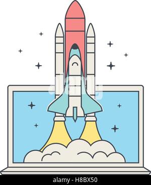 Startup Web concept. Lancement de la navette spatiale. Vaisseau et ordinateur portable. La navette spatiale décolle. Vector illustration style ligne plate. Illustration de Vecteur
