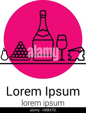 Dîner de fête, verre bouteille de Chianti, fromage, poire, raisins pour votre logo ou illustration de dégustation et d'icônes. Vector illustration Illustration de Vecteur