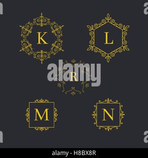 Set de luxe art déco monochrome linéaire classique minimal or hipster vintage monogramme vecteur géométrique, cadre, border Illustration de Vecteur
