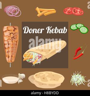 Döner Kebab. Viande, légumes, sauce, pita . Vector illustration. Illustration de Vecteur