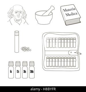 L'homéopathie. Ensemble d'icônes vectorielles. Pilules homéopathiques, trousse de rangement, mortel, pilon, livre Materia Madica, bouteilles. Illustration de Vecteur