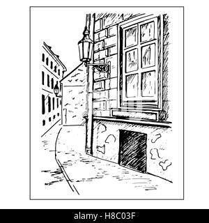 Rue de la vieille ville. Fenêtre et lanterne. Croquis dessinés à la main, Illustration de Vecteur