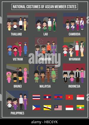 Ensemble de 20 hommes et femmes asiatiques en costume traditionnel avec drapeau , format vectoriel EPS10 Illustration de Vecteur