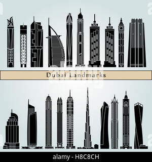 Dubaï sur les monuments de V2 isolé sur fond bleu dans le fichier vectoriel éditable Banque D'Images