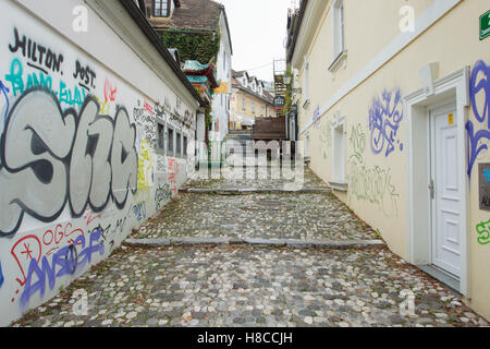 Vue sur rue pavées menant de la pente, avec des graffitis sur les murs, district de Metelkova, capitale de la Slovénie Slovène Banque D'Images