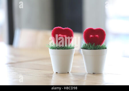 Pot de fleurs avec coeur artificiel placé sur la table dans le concept du mariage et l'amour. Banque D'Images