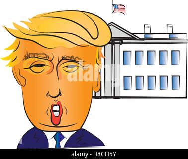 Portrait de caractère de Donald Trump, le 45e président des États-Unis, avec le bâtiment de la Maison Blanche en arrière-plan Illustration de Vecteur