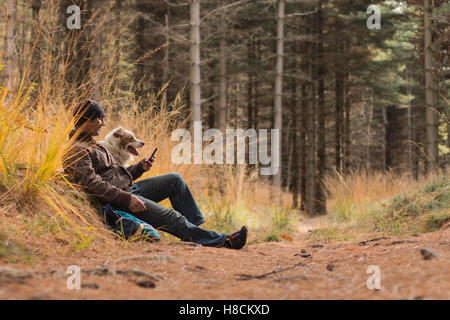 Un homme et un chien en randonnée dans les bois à la recherche de téléphone à l'chiens assis sur un sentier forestier à l'automne Banque D'Images