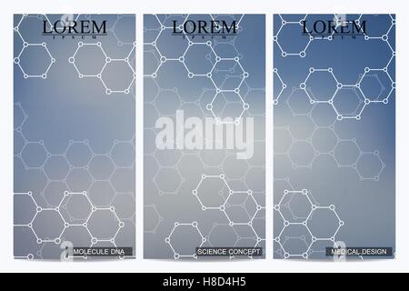 Ensemble de vecteur moderne de prospectus. Résumé fond avec de l'ADN et de la structure de la molécule de neurones. La médecine, la science, la technologie, la bannière Illustration de Vecteur