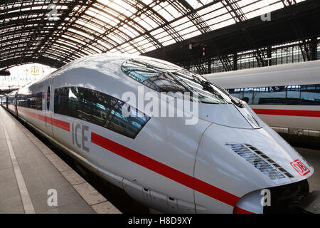 Un train Intercity Express de Deutsche Bahn reste dans la gare de Cologne en Allemagne Banque D'Images