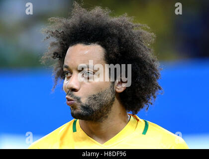 Belo Horizonte, Brésil. 10 Nov, 2016. Marcelo du Brésil réagit avant que le match de qualification pour la finale de la Coupe du Monde de la FIFA 2018 entre le Brésil et l'Argentine au Stade Mineirao de Belo Horizonte, Brésil, le 10 novembre 2016. Crédit : Li Ming/Xinhua/Alamy Live News Banque D'Images