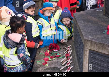 Brentwood, Essex, 11 novembre 2016, des enfants déposent les coquelicots le jour de l'Armistice à Brentwood, Essex Crédit : Ian Davidson/Alamy Live News Banque D'Images