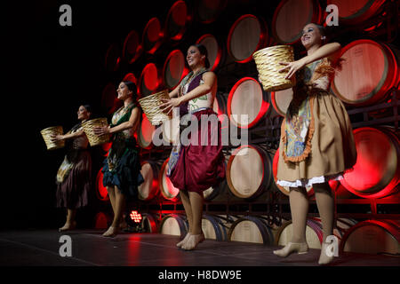 Morales de Toro, Zamora, Espagne. Nov 11, 2016. Le musée du vin Pagos del Rey a célébré la Journée Européenne de l'Oenotourisme avec un spectacle de danse espagnole appelée Vinum, un travail de l'arvine Danza, un voyage émotionnel à travers le processus de fabrication du vin, avec les danseurs Nereida Garrote, Elysa, Leticia Lopez Prieto et Lara Simon. © Manuel Balles/ZUMA/Alamy Fil Live News Banque D'Images